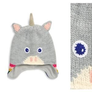 MINI BODEN Knitted Unicorn Hat Grey Lined Bobble Ear Flaps NEW SIZE S